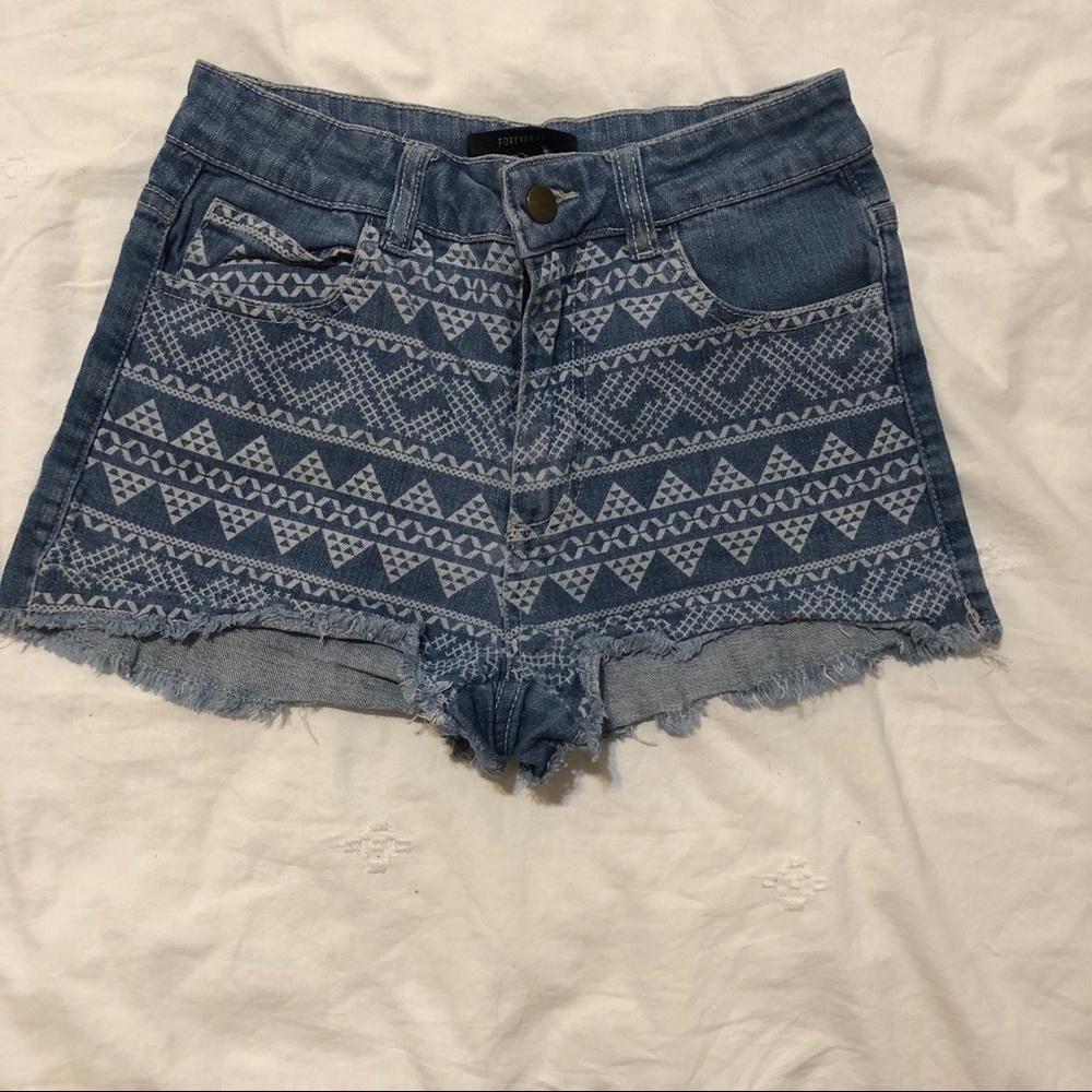 Aztec print high waisted denim shorts